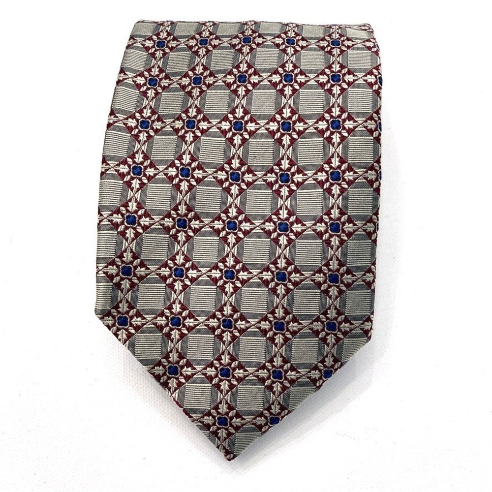 Valentino Cravatte Silk Tie Handmade Italy Gray Blue Burgundy 3-3/4" Wide